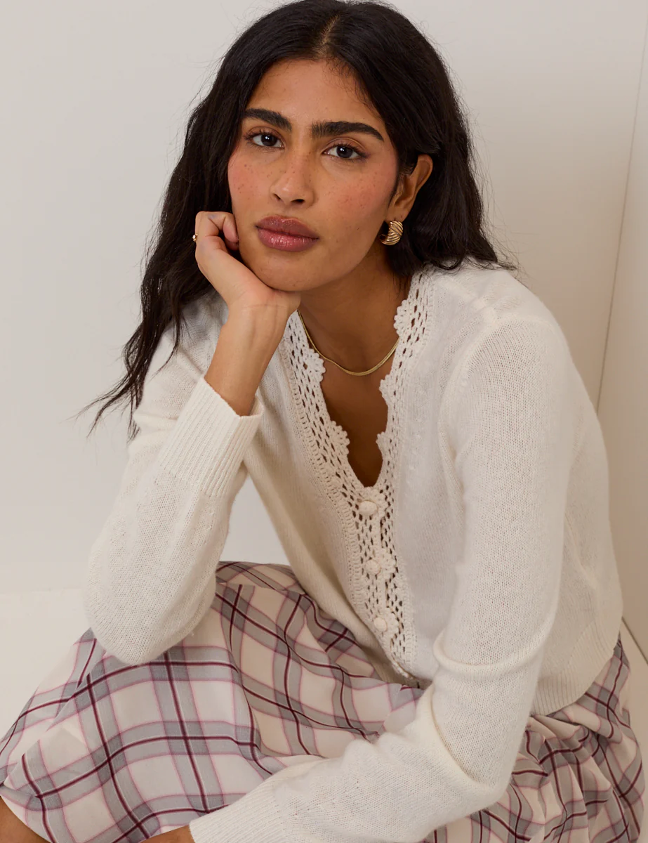 White Wool Blend Crochet Trim V-Neck Cardigan - Image 3