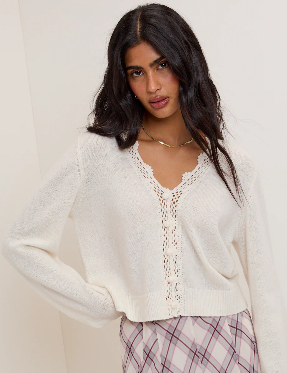 White Wool Blend Crochet Trim V-Neck Cardigan - Image 5