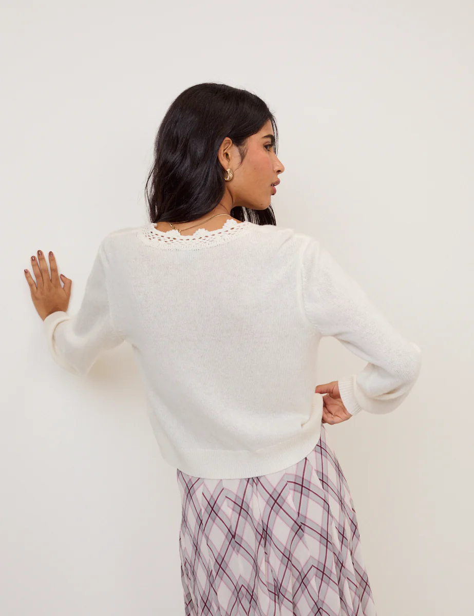 White Wool Blend Crochet Trim V-Neck Cardigan - Image 6