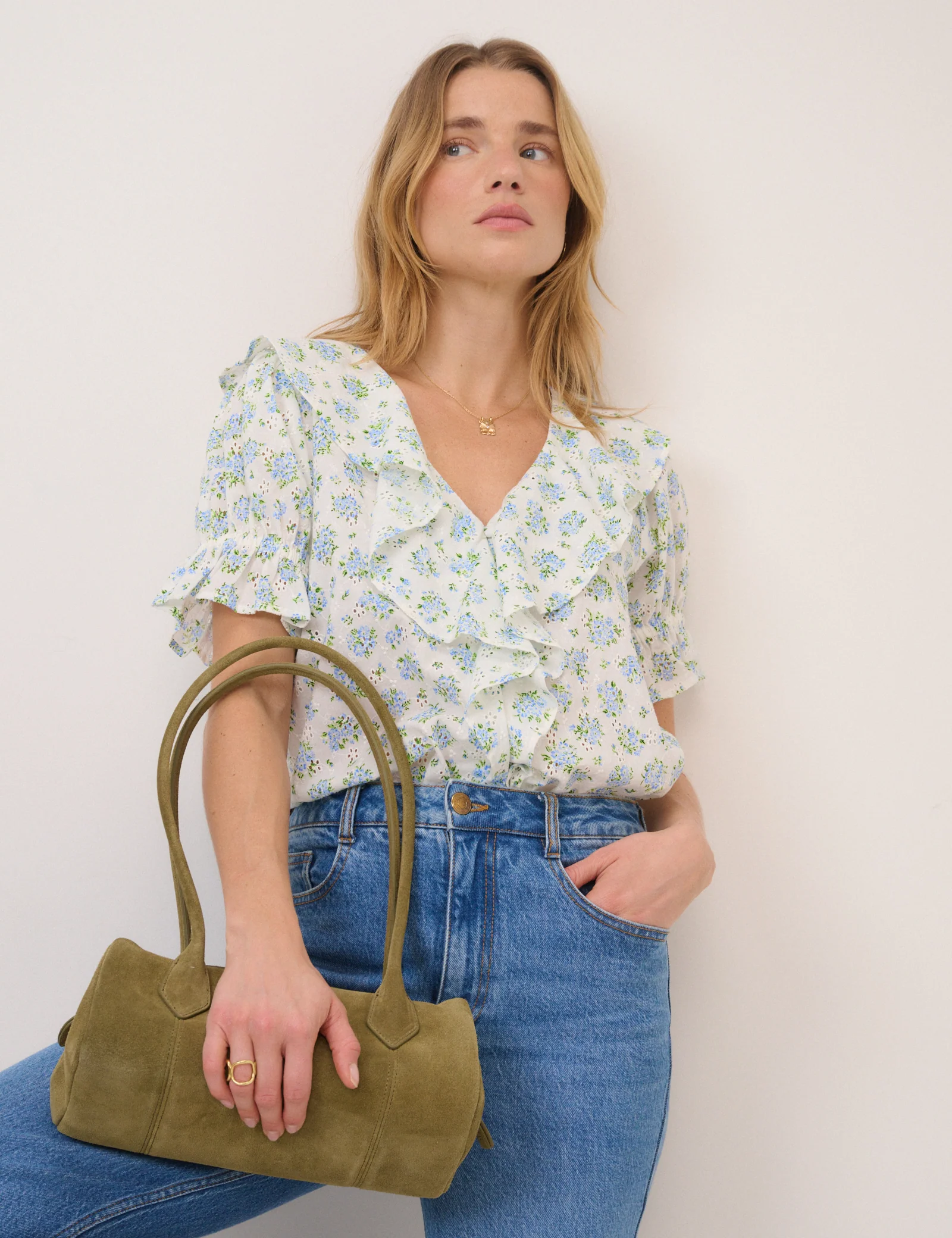 White Floral Ruffle Trim Top - Image 4