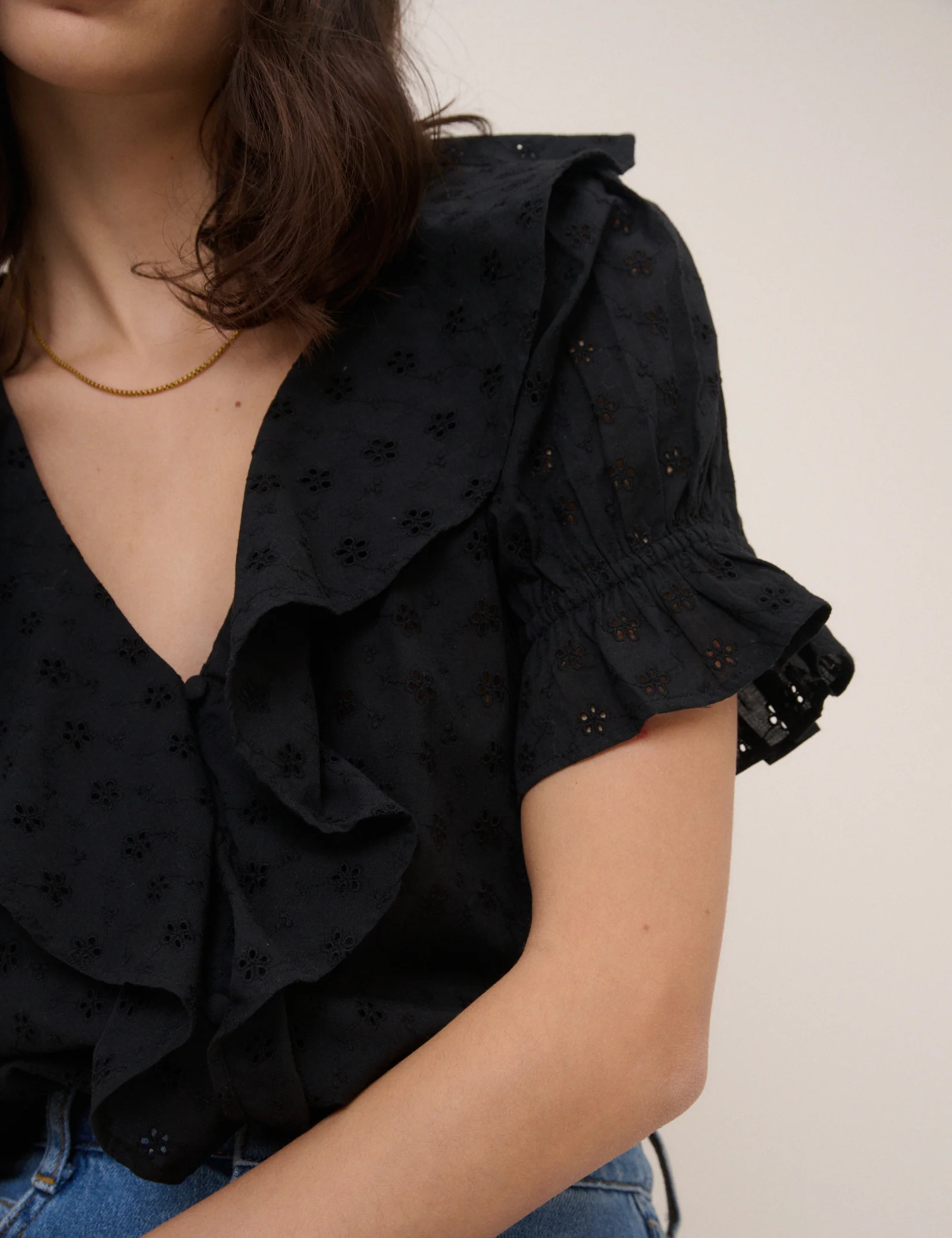 Black Embroidered Ruffle Trim Top - Image 2