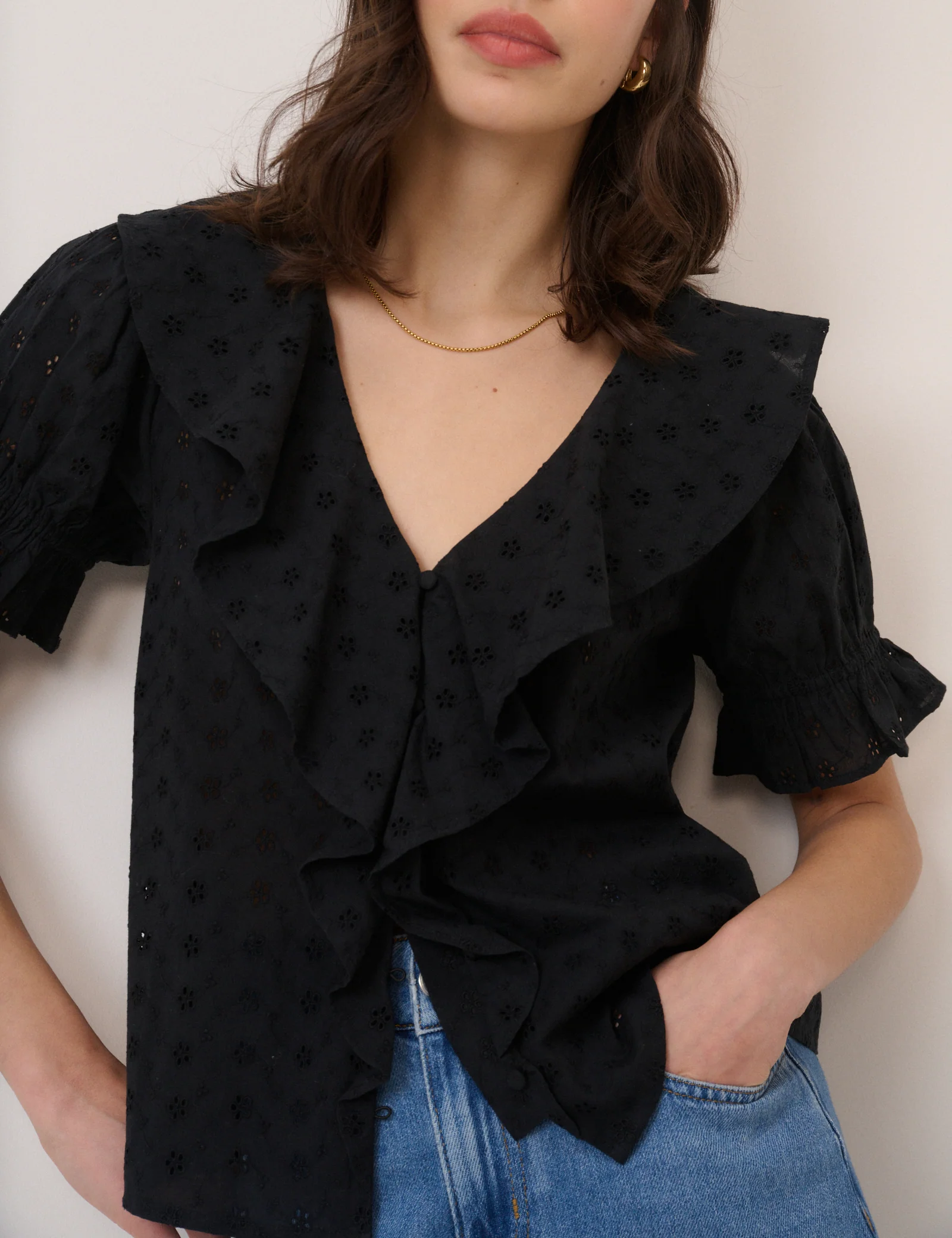 Black Embroidered Ruffle Trim Top - Image 3