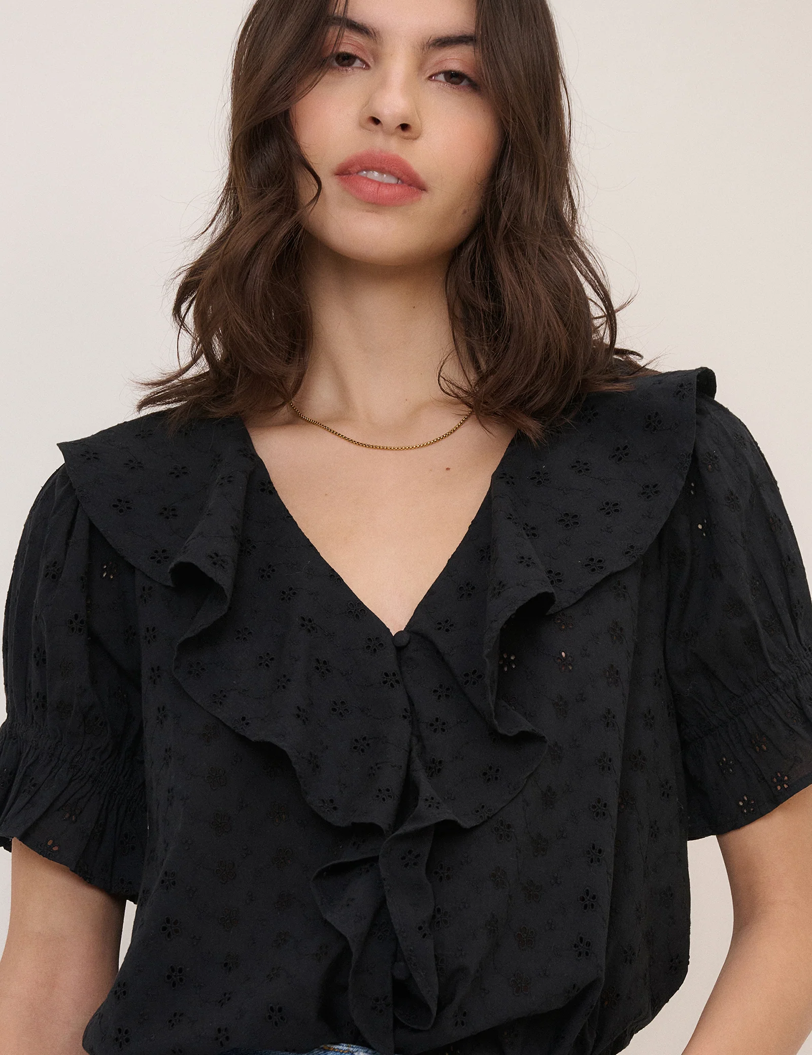 Black Embroidered Ruffle Trim Top - Image 4