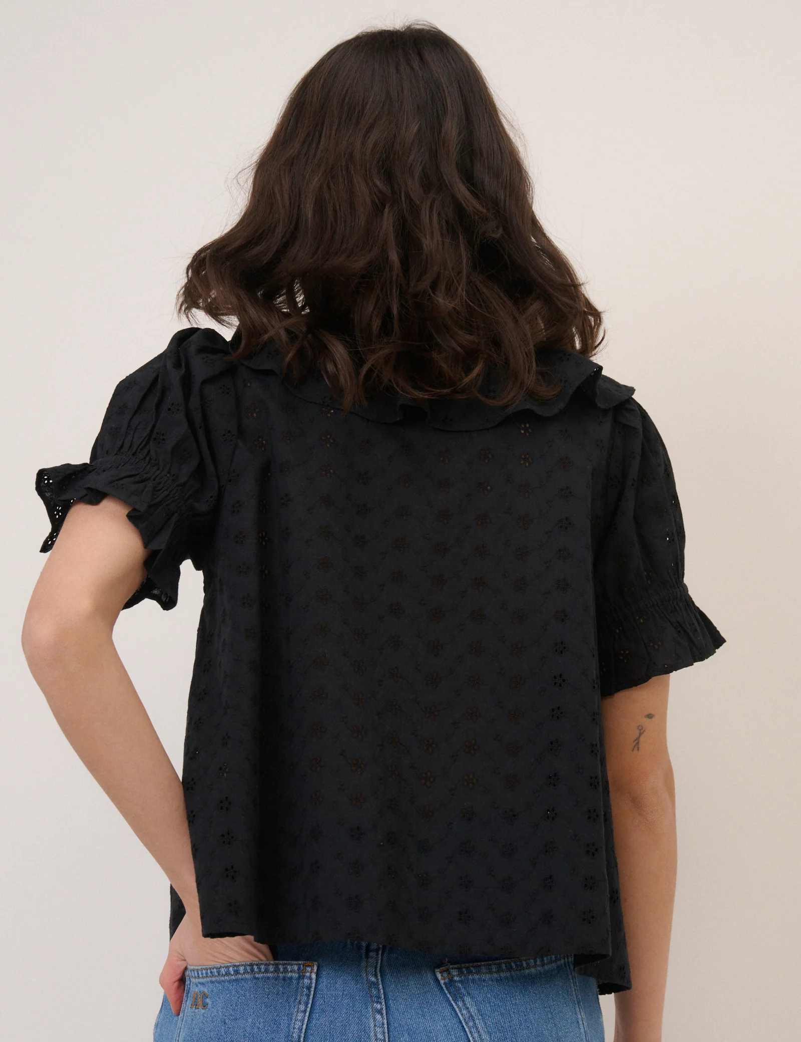 Black Embroidered Ruffle Trim Top - Image 5