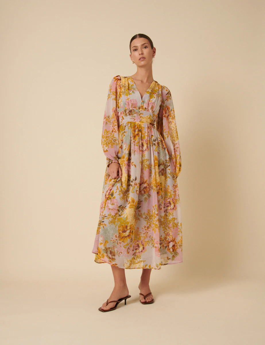 Yellow And Blue Floral Aine Midi Dress - Image 3