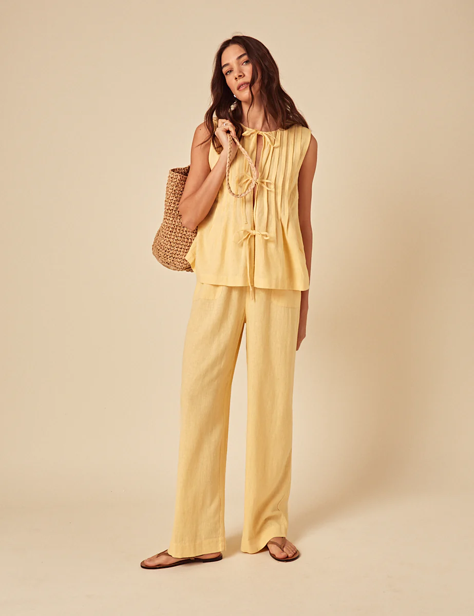 Butter Yellow Linen-Blend Shona Trousers - Image 3