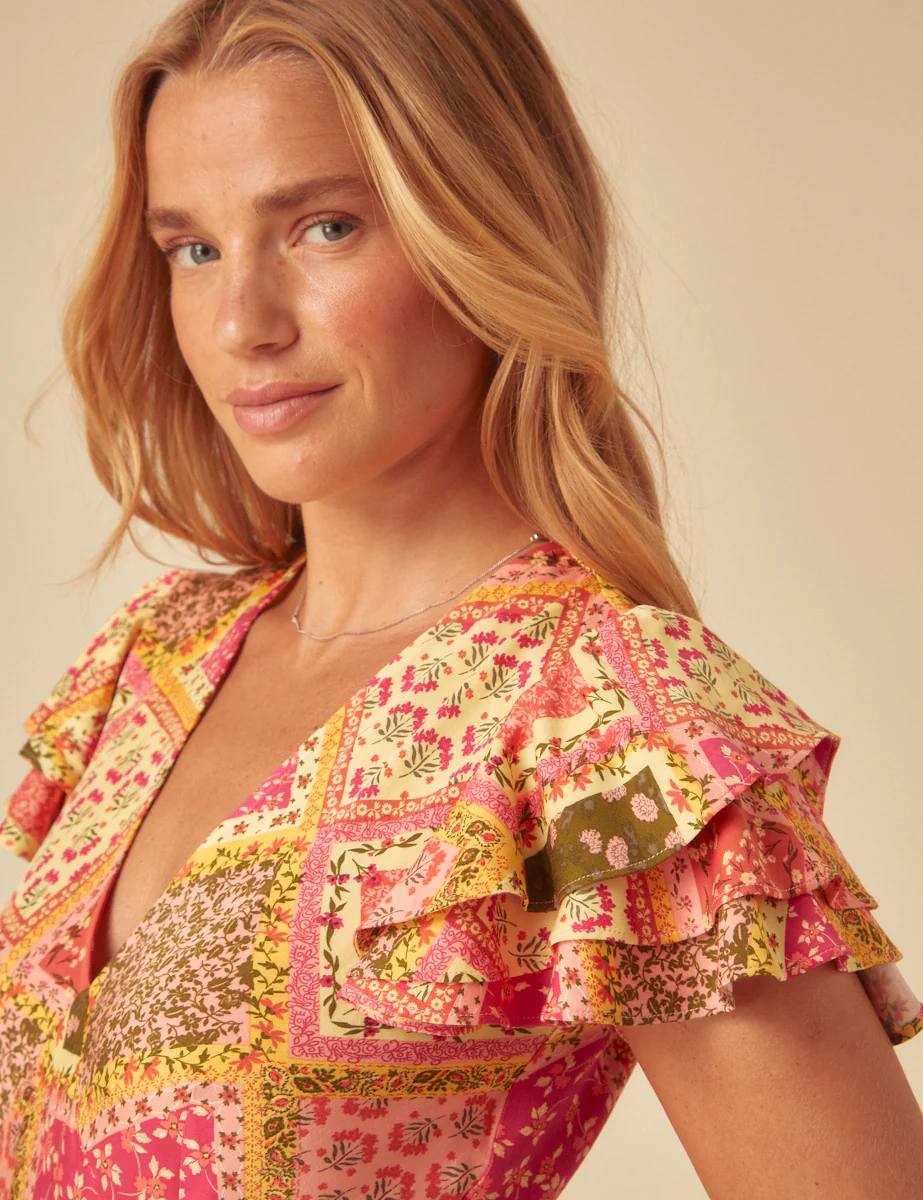 Yellow Patchwork Print Layla Midi Dress - Image 3