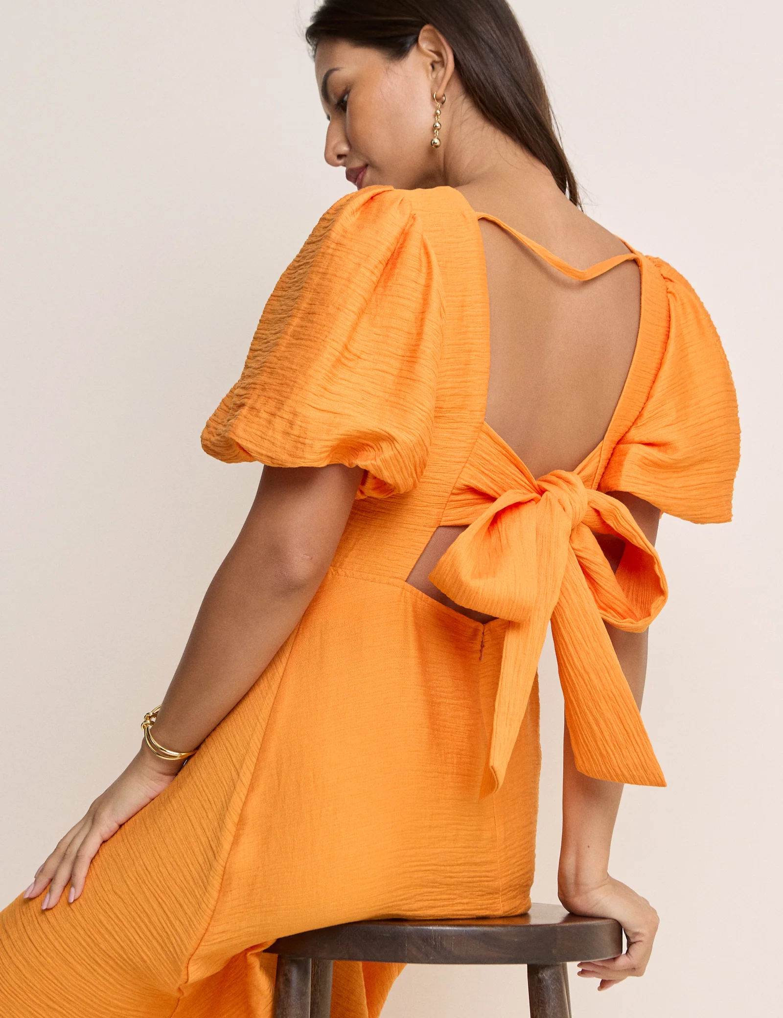 Orange Puff Sleeve Zola Midi Dress - Image 2